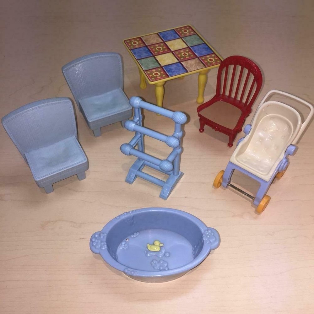 Loving Family Dollhouse Furniture Lot Quilt Table Chair Stroller Duck Tub Towel